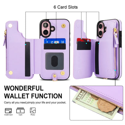 For iPhone 16 Plus Double Flap Zipper RFID Leather Phone Case with Short Lanyard(Light Purple) - iPhone 16 Plus Cases by buy2fix | Online Shopping UK | buy2fix
