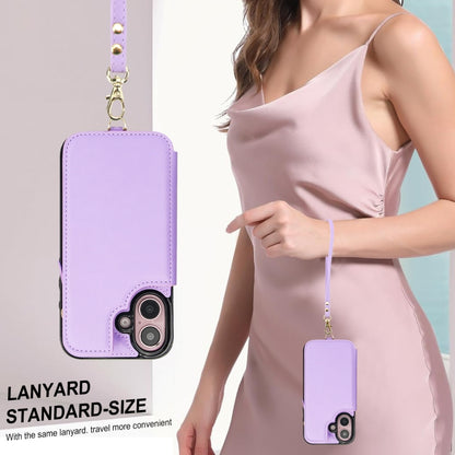 For iPhone 16 Plus Double Flap Zipper RFID Leather Phone Case with Short Lanyard(Light Purple) - iPhone 16 Plus Cases by buy2fix | Online Shopping UK | buy2fix
