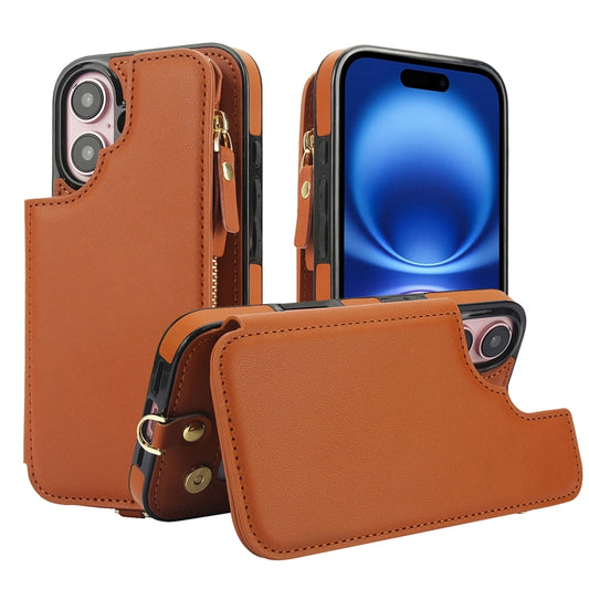 For iPhone 16 Plus Double Flap Zipper RFID Leather Phone Case with Short Lanyard(Brown) - iPhone 16 Plus Cases by buy2fix | Online Shopping UK | buy2fix