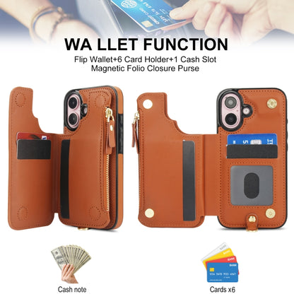 For iPhone 16 Plus Double Flap Zipper RFID Leather Phone Case with Short Lanyard(Brown) - iPhone 16 Plus Cases by buy2fix | Online Shopping UK | buy2fix