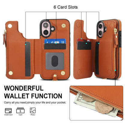 For iPhone 16 Plus Double Flap Zipper RFID Leather Phone Case with Short Lanyard(Brown) - iPhone 16 Plus Cases by buy2fix | Online Shopping UK | buy2fix