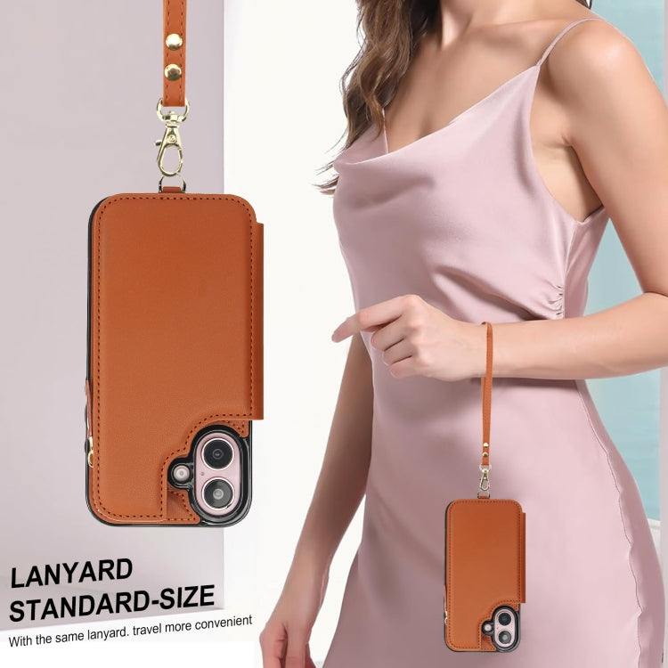 For iPhone 16 Plus Double Flap Zipper RFID Leather Phone Case with Short Lanyard(Brown) - iPhone 16 Plus Cases by buy2fix | Online Shopping UK | buy2fix