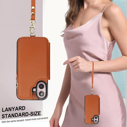 For iPhone 16 Plus Double Flap Zipper RFID Leather Phone Case with Short Lanyard(Brown) - iPhone 16 Plus Cases by buy2fix | Online Shopping UK | buy2fix