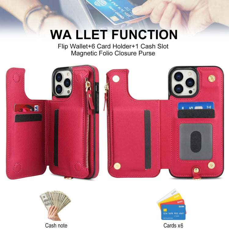 For iPhone 15 Pro Max Double Flap Zipper RFID Leather Phone Case with Short Lanyard(Red) - iPhone 15 Pro Max Cases by buy2fix | Online Shopping UK | buy2fix