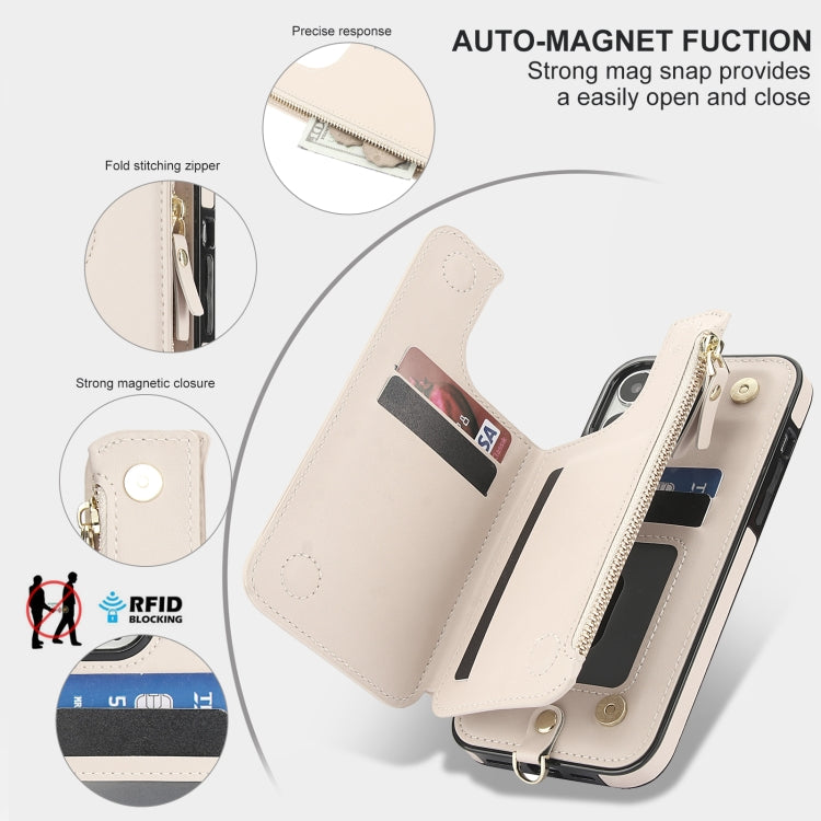 For iPhone 15 Pro Double Flap Zipper RFID Leather Phone Case with Short Lanyard(White) - iPhone 15 Pro Cases by buy2fix | Online Shopping UK | buy2fix