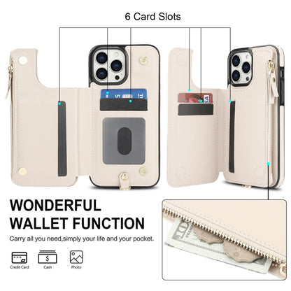 For iPhone 15 Pro Double Flap Zipper RFID Leather Phone Case with Short Lanyard(White) - iPhone 15 Pro Cases by buy2fix | Online Shopping UK | buy2fix