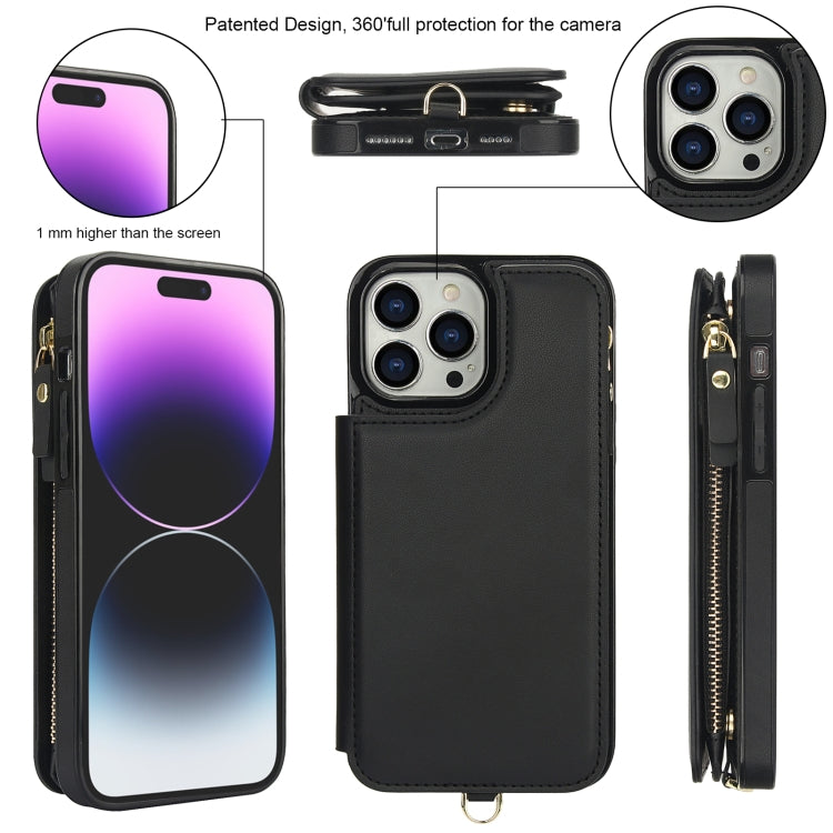 For iPhone 15 Pro Double Flap Zipper RFID Leather Phone Case with Short Lanyard(Black) - iPhone 15 Pro Cases by buy2fix | Online Shopping UK | buy2fix