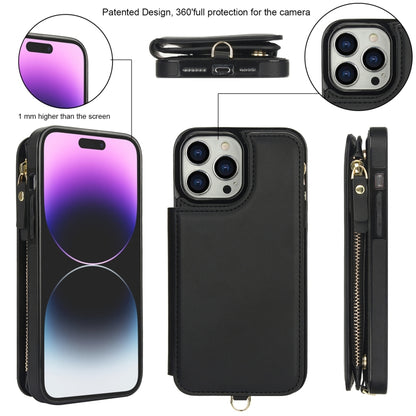 For iPhone 15 Pro Double Flap Zipper RFID Leather Phone Case with Short Lanyard(Black) - iPhone 15 Pro Cases by buy2fix | Online Shopping UK | buy2fix