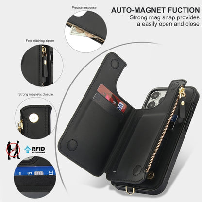 For iPhone 15 Pro Double Flap Zipper RFID Leather Phone Case with Short Lanyard(Black) - iPhone 15 Pro Cases by buy2fix | Online Shopping UK | buy2fix