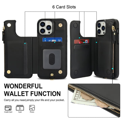 For iPhone 15 Pro Double Flap Zipper RFID Leather Phone Case with Short Lanyard(Black) - iPhone 15 Pro Cases by buy2fix | Online Shopping UK | buy2fix
