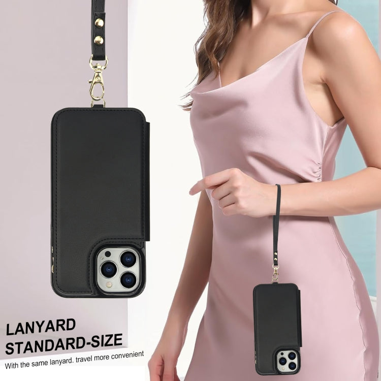 For iPhone 15 Pro Double Flap Zipper RFID Leather Phone Case with Short Lanyard(Black) - iPhone 15 Pro Cases by buy2fix | Online Shopping UK | buy2fix