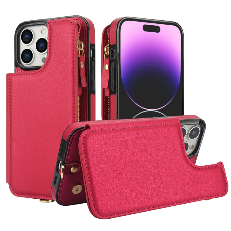 For iPhone 15 Pro Double Flap Zipper RFID Leather Phone Case with Short Lanyard(Red) - iPhone 15 Pro Cases by buy2fix | Online Shopping UK | buy2fix