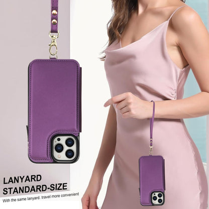 For iPhone 15 Pro Double Flap Zipper RFID Leather Phone Case with Short Lanyard(Dark Purple) - iPhone 15 Pro Cases by buy2fix | Online Shopping UK | buy2fix