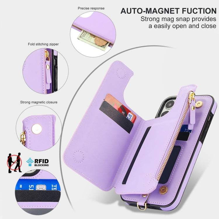 For iPhone 15 Pro Double Flap Zipper RFID Leather Phone Case with Short Lanyard(Light Purple) - iPhone 15 Pro Cases by buy2fix | Online Shopping UK | buy2fix