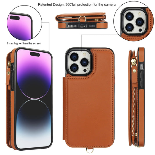 For iPhone 15 Pro Double Flap Zipper RFID Leather Phone Case with Short Lanyard(Brown) - iPhone 15 Pro Cases by buy2fix | Online Shopping UK | buy2fix