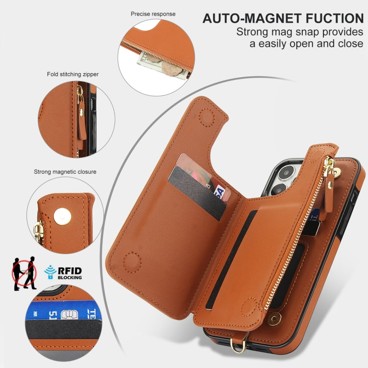 For iPhone 15 Pro Double Flap Zipper RFID Leather Phone Case with Short Lanyard(Brown) - iPhone 15 Pro Cases by buy2fix | Online Shopping UK | buy2fix