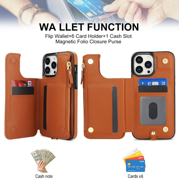 For iPhone 15 Pro Double Flap Zipper RFID Leather Phone Case with Short Lanyard(Brown) - iPhone 15 Pro Cases by buy2fix | Online Shopping UK | buy2fix