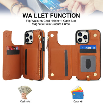 For iPhone 15 Pro Double Flap Zipper RFID Leather Phone Case with Short Lanyard(Brown) - iPhone 15 Pro Cases by buy2fix | Online Shopping UK | buy2fix