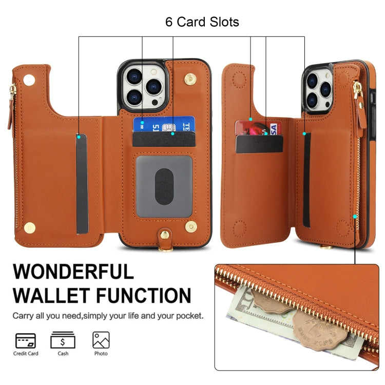 For iPhone 15 Pro Double Flap Zipper RFID Leather Phone Case with Short Lanyard(Brown) - iPhone 15 Pro Cases by buy2fix | Online Shopping UK | buy2fix