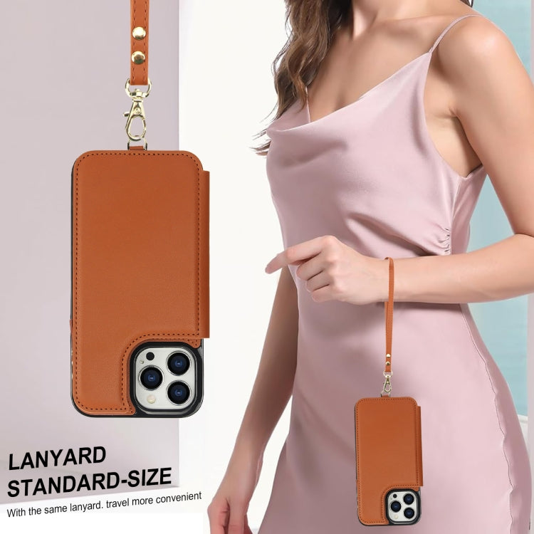 For iPhone 15 Pro Double Flap Zipper RFID Leather Phone Case with Short Lanyard(Brown) - iPhone 15 Pro Cases by buy2fix | Online Shopping UK | buy2fix