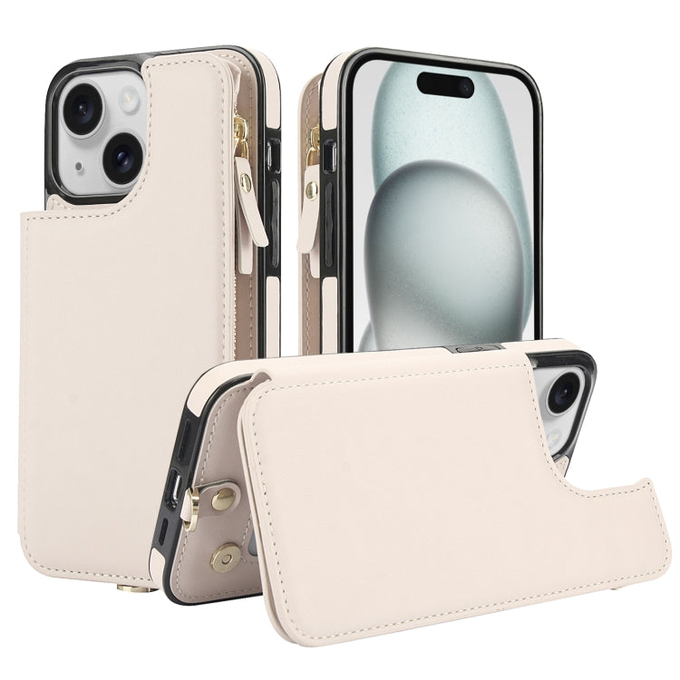 For iPhone 15 Double Flap Zipper RFID Leather Phone Case with Short Lanyard(White) - iPhone 15 Cases by buy2fix | Online Shopping UK | buy2fix