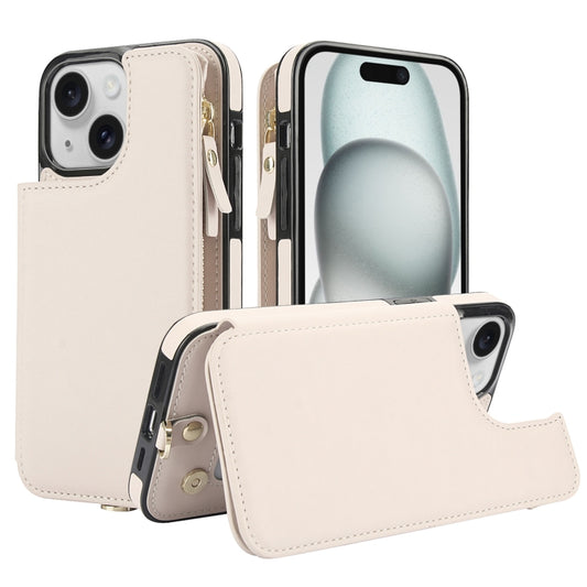 For iPhone 15 Double Flap Zipper RFID Leather Phone Case with Short Lanyard(White) - iPhone 15 Cases by buy2fix | Online Shopping UK | buy2fix