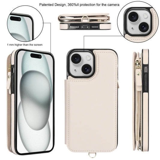 For iPhone 15 Double Flap Zipper RFID Leather Phone Case with Short Lanyard(White) - iPhone 15 Cases by buy2fix | Online Shopping UK | buy2fix