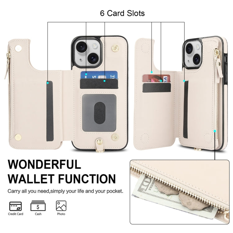 For iPhone 15 Double Flap Zipper RFID Leather Phone Case with Short Lanyard(White) - iPhone 15 Cases by buy2fix | Online Shopping UK | buy2fix