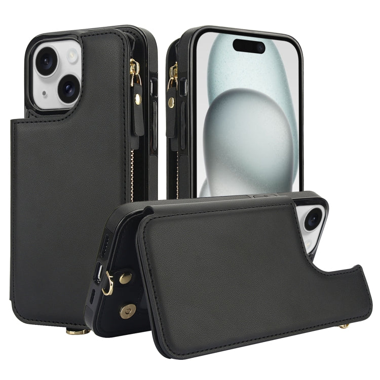 For iPhone 15 Double Flap Zipper RFID Leather Phone Case with Short Lanyard(Black) - iPhone 15 Cases by buy2fix | Online Shopping UK | buy2fix