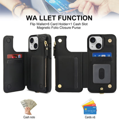 For iPhone 15 Double Flap Zipper RFID Leather Phone Case with Short Lanyard(Black) - iPhone 15 Cases by buy2fix | Online Shopping UK | buy2fix
