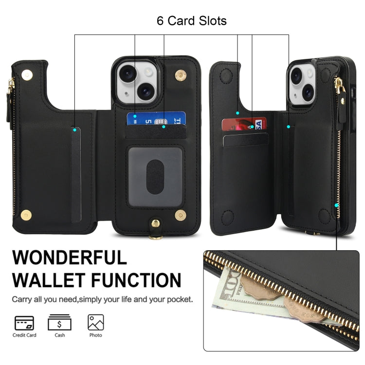 For iPhone 15 Double Flap Zipper RFID Leather Phone Case with Short Lanyard(Black) - iPhone 15 Cases by buy2fix | Online Shopping UK | buy2fix