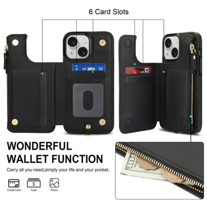 For iPhone 15 Double Flap Zipper RFID Leather Phone Case with Short Lanyard(Black) - iPhone 15 Cases by buy2fix | Online Shopping UK | buy2fix