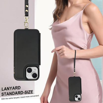 For iPhone 15 Double Flap Zipper RFID Leather Phone Case with Short Lanyard(Black) - iPhone 15 Cases by buy2fix | Online Shopping UK | buy2fix