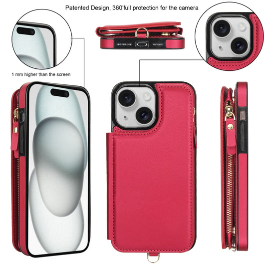 For iPhone 15 Double Flap Zipper RFID Leather Phone Case with Short Lanyard(Red) - iPhone 15 Cases by buy2fix | Online Shopping UK | buy2fix
