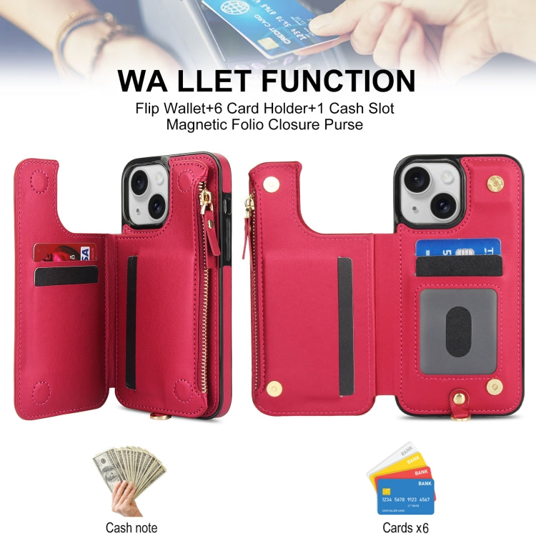 For iPhone 15 Double Flap Zipper RFID Leather Phone Case with Short Lanyard(Red) - iPhone 15 Cases by buy2fix | Online Shopping UK | buy2fix