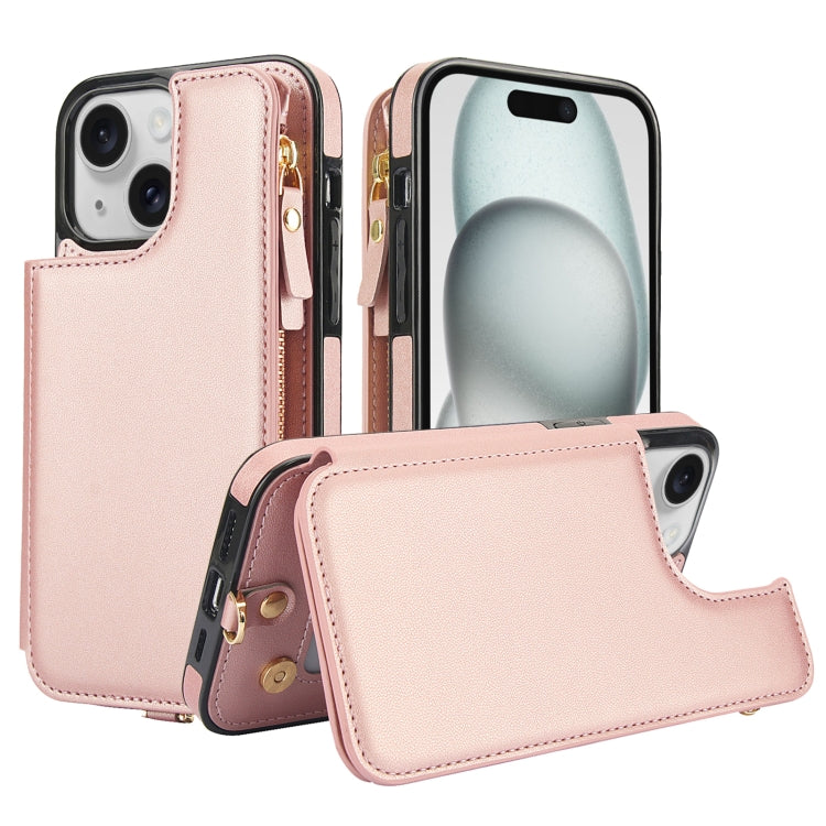 For iPhone 15 Double Flap Zipper RFID Leather Phone Case with Short Lanyard(Rose Gold) - iPhone 15 Cases by buy2fix | Online Shopping UK | buy2fix