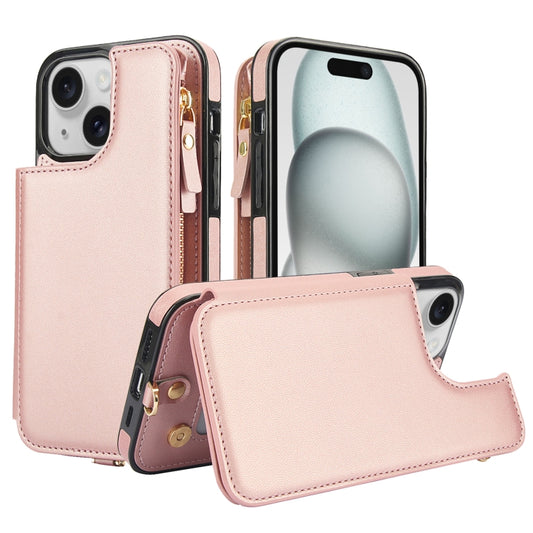 For iPhone 15 Double Flap Zipper RFID Leather Phone Case with Short Lanyard(Rose Gold) - iPhone 15 Cases by buy2fix | Online Shopping UK | buy2fix