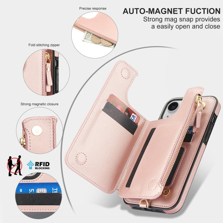 For iPhone 15 Double Flap Zipper RFID Leather Phone Case with Short Lanyard(Rose Gold) - iPhone 15 Cases by buy2fix | Online Shopping UK | buy2fix