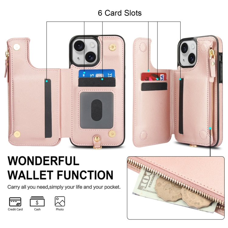 For iPhone 15 Double Flap Zipper RFID Leather Phone Case with Short Lanyard(Rose Gold) - iPhone 15 Cases by buy2fix | Online Shopping UK | buy2fix