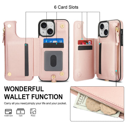 For iPhone 15 Double Flap Zipper RFID Leather Phone Case with Short Lanyard(Rose Gold) - iPhone 15 Cases by buy2fix | Online Shopping UK | buy2fix