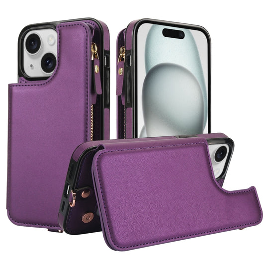 For iPhone 15 Double Flap Zipper RFID Leather Phone Case with Short Lanyard(Dark Purple) - iPhone 15 Cases by buy2fix | Online Shopping UK | buy2fix