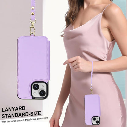 For iPhone 15 Double Flap Zipper RFID Leather Phone Case with Short Lanyard(Light Purple) - iPhone 15 Cases by buy2fix | Online Shopping UK | buy2fix