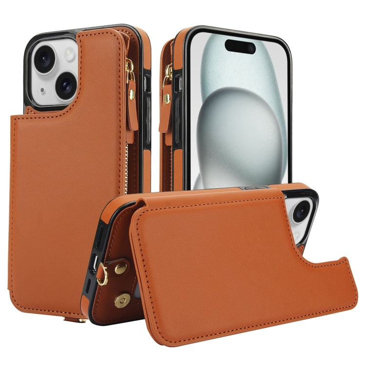 For iPhone 15 Double Flap Zipper RFID Leather Phone Case with Short Lanyard(Brown) - iPhone 15 Cases by buy2fix | Online Shopping UK | buy2fix