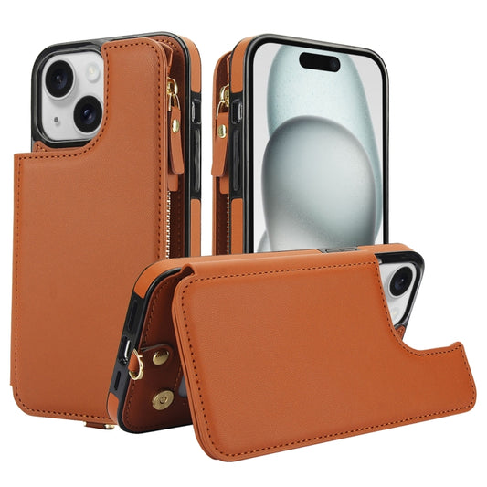 For iPhone 15 Double Flap Zipper RFID Leather Phone Case with Short Lanyard(Brown) - iPhone 15 Cases by buy2fix | Online Shopping UK | buy2fix