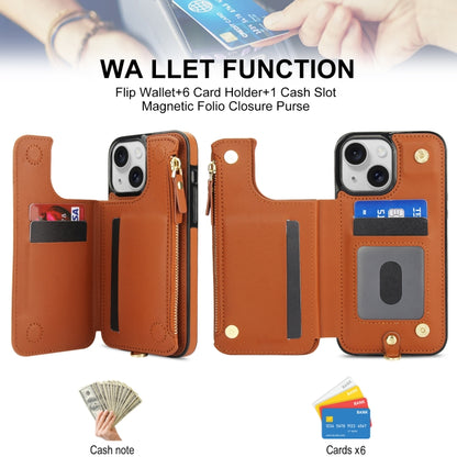 For iPhone 15 Double Flap Zipper RFID Leather Phone Case with Short Lanyard(Brown) - iPhone 15 Cases by buy2fix | Online Shopping UK | buy2fix