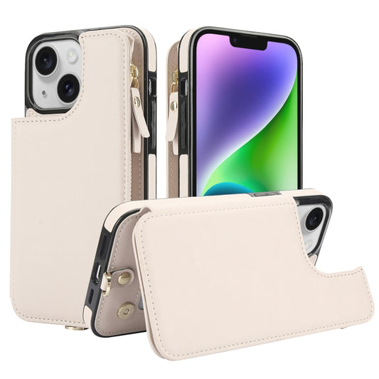 For iPhone 14 Plus Double Flap Zipper RFID Leather Phone Case with Short Lanyard(White) - iPhone 14 Plus Cases by buy2fix | Online Shopping UK | buy2fix