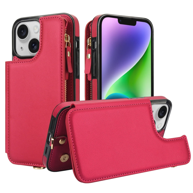 For iPhone 14 Plus Double Flap Zipper RFID Leather Phone Case with Short Lanyard(Red) - iPhone 14 Plus Cases by buy2fix | Online Shopping UK | buy2fix