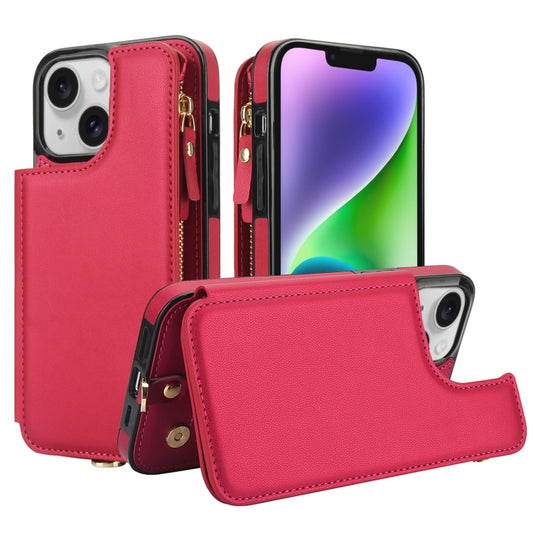 For iPhone 14 Plus Double Flap Zipper RFID Leather Phone Case with Short Lanyard(Red) - iPhone 14 Plus Cases by buy2fix | Online Shopping UK | buy2fix