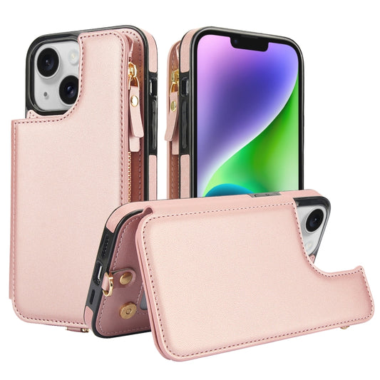 For iPhone 14 Plus Double Flap Zipper RFID Leather Phone Case with Short Lanyard(Rose Gold) - iPhone 14 Plus Cases by buy2fix | Online Shopping UK | buy2fix