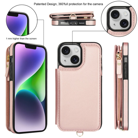 For iPhone 14 Plus Double Flap Zipper RFID Leather Phone Case with Short Lanyard(Rose Gold) - iPhone 14 Plus Cases by buy2fix | Online Shopping UK | buy2fix